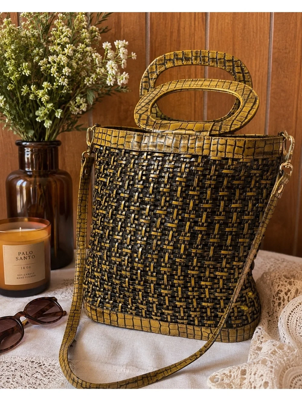 Vintage Brazilian Genuine Leather Woven Handbag Gold Black Croc Embossed Purse